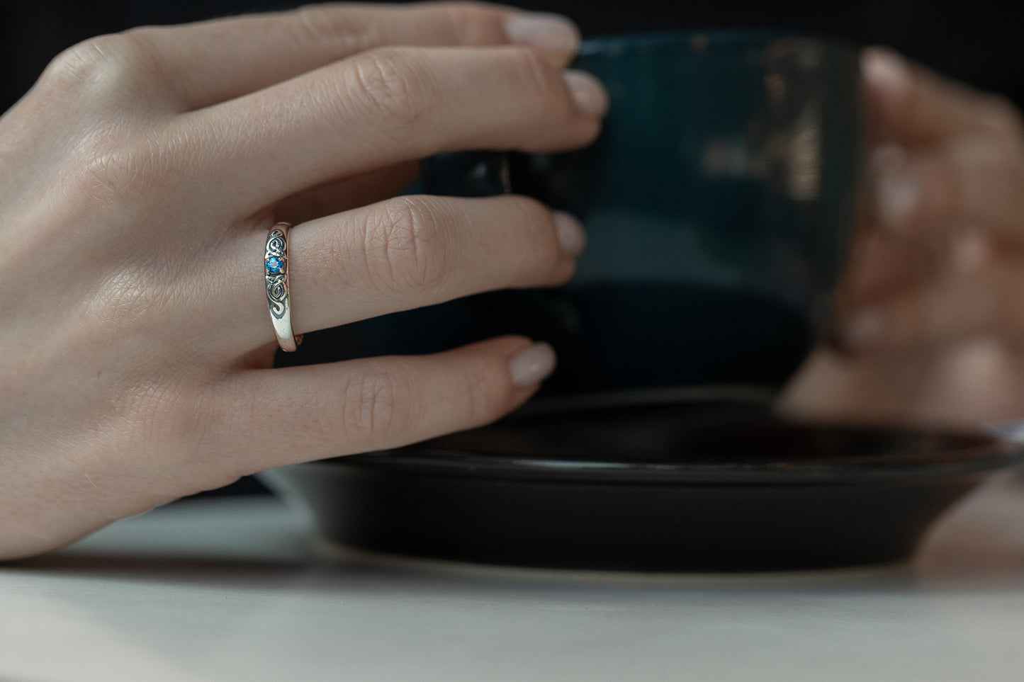 vkngjewelry Rings Silver Celtic Wedding Ring with Topaz, Handcrafted Norse Band