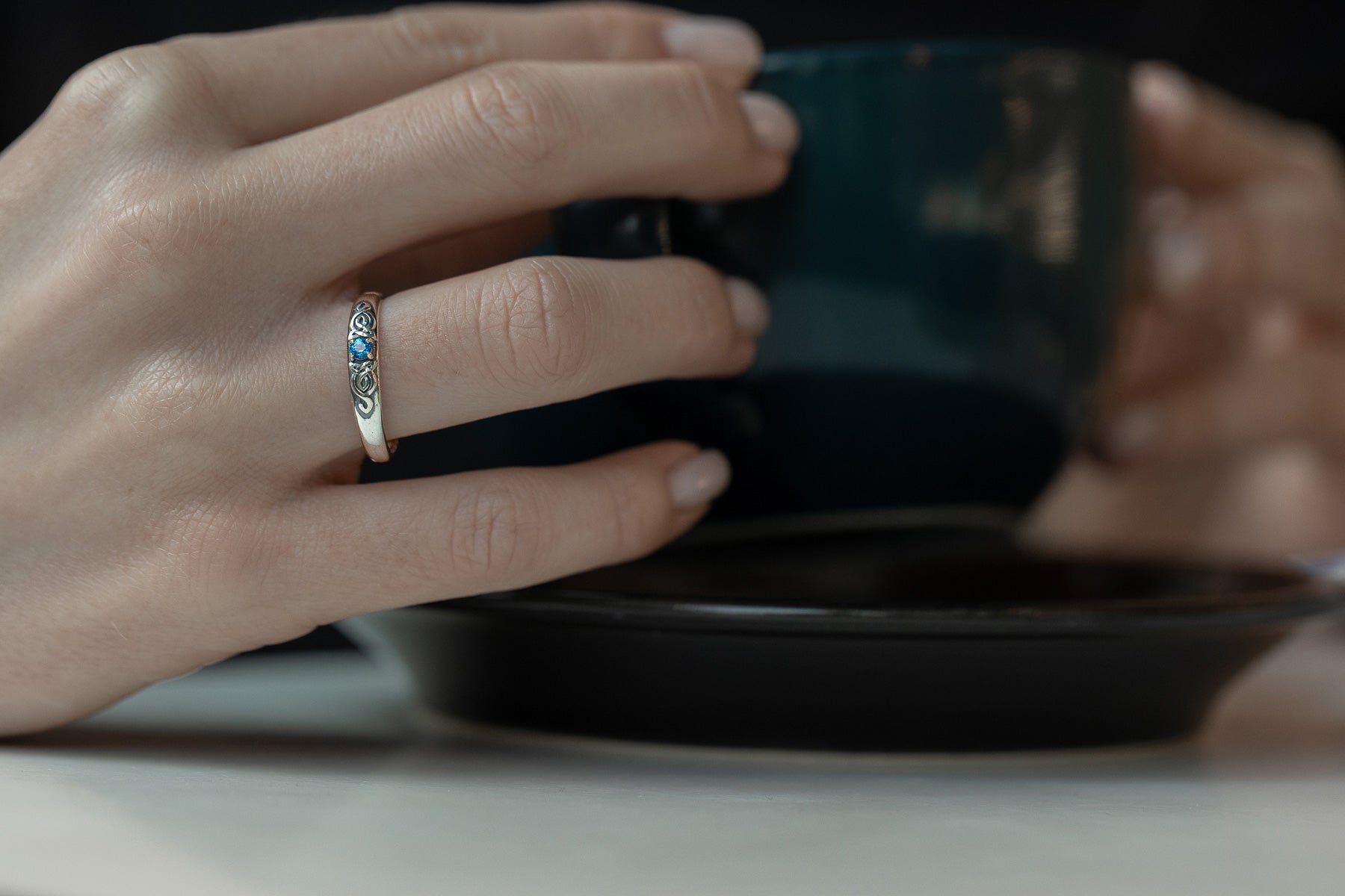 vkngjewelry Rings Silver Celtic Wedding Ring with Topaz, Handcrafted Norse Band