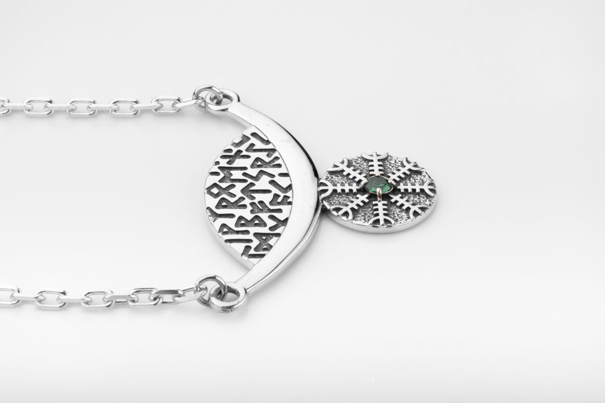 vkngjewelry Pendant Silver Rune Arc Pendant with Green CZ