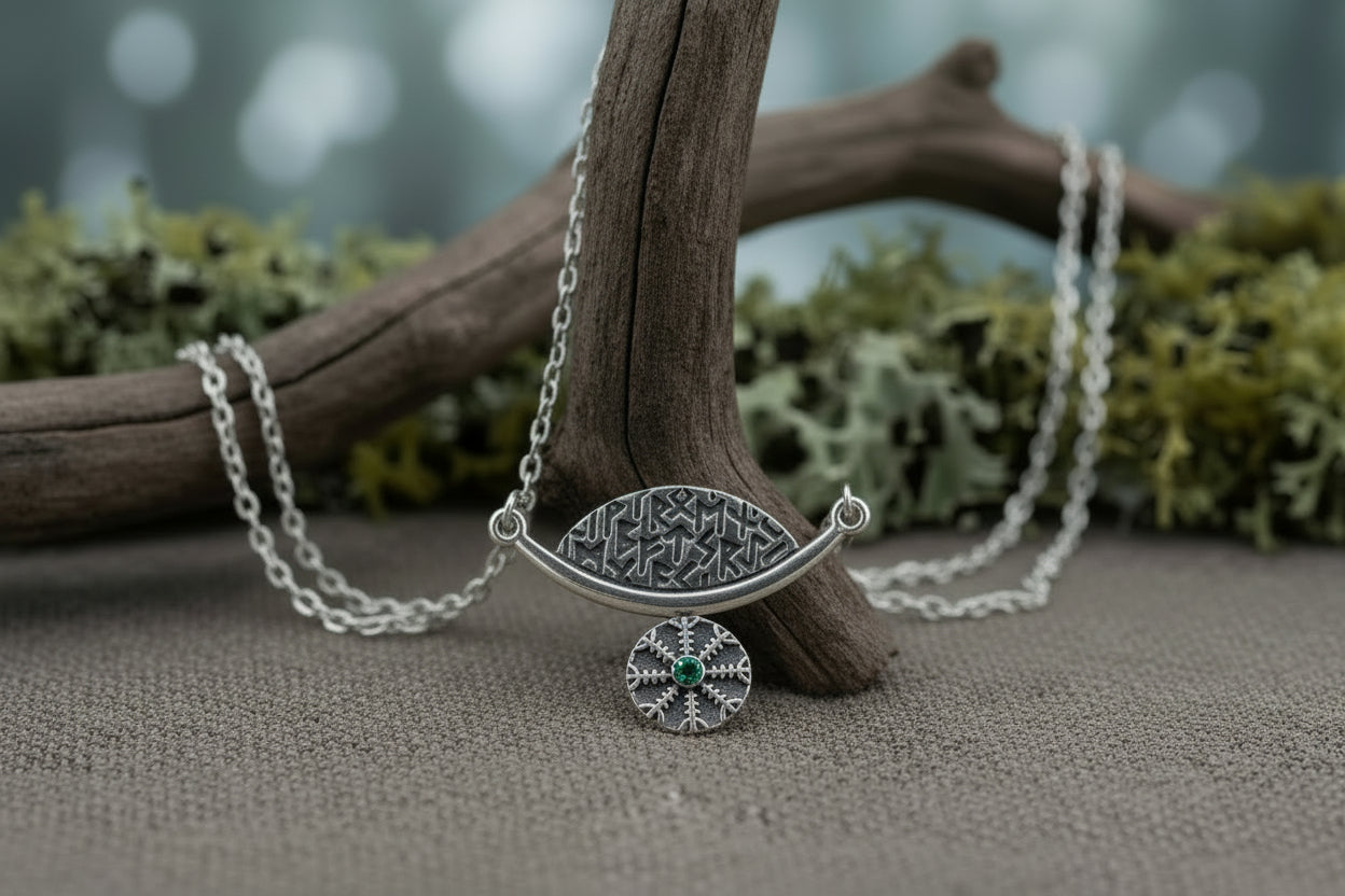 vkngjewelry Pendant Silver Rune Arc Pendant with Green CZ