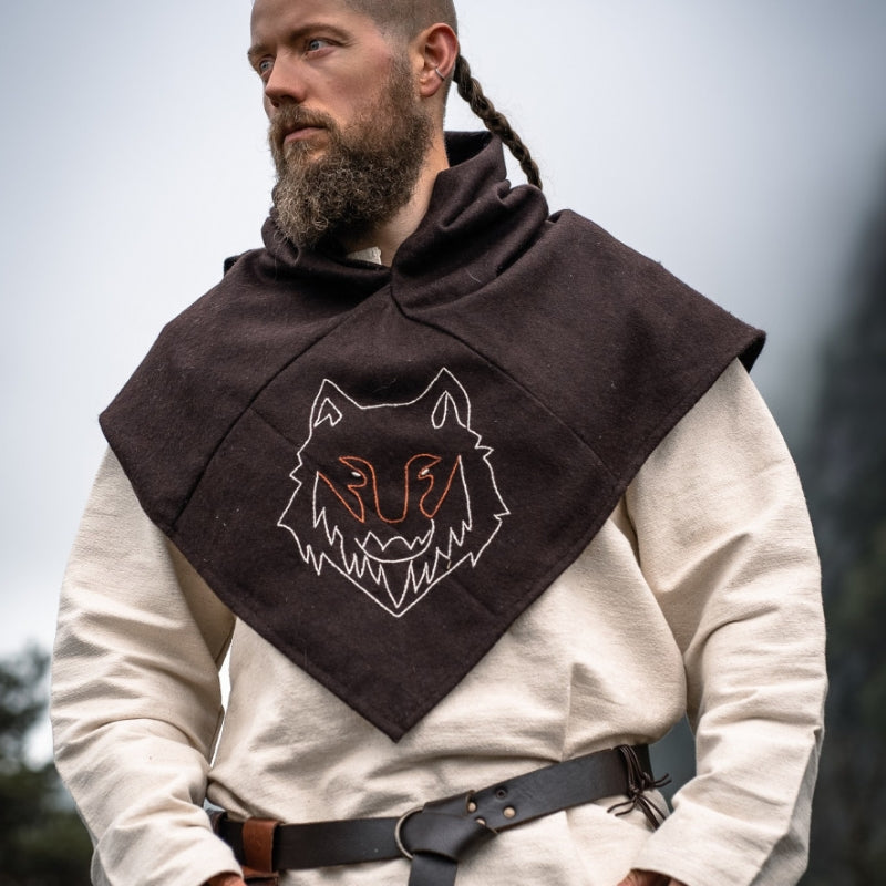 vkngjewelry Apparel & Accessories Skjoldehamn Gugel “Halfdan” Brown With Wolf Embroidery