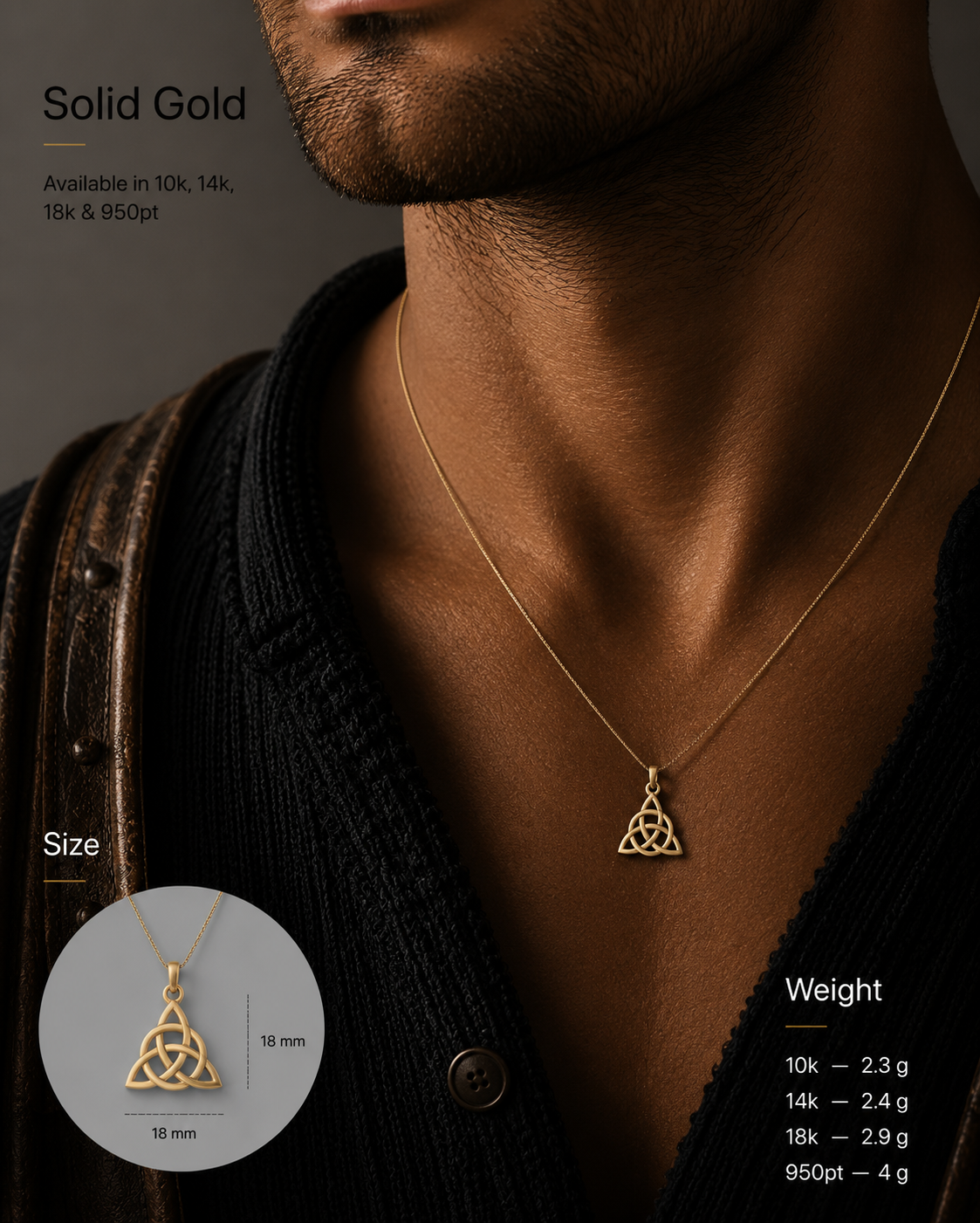 vkngjewelry Pendant Handcrafted Slim Celtic Triquetra Gold Pendant