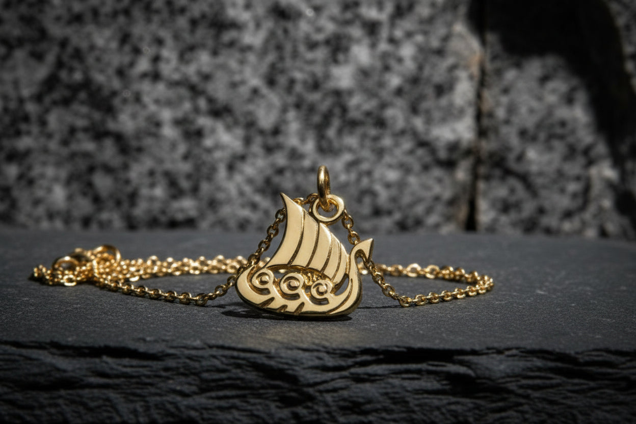 vkngjewelry Pendant Handcrafted Slim "Drakkar" Viking Longship Gold Pendant