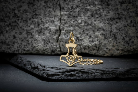 vkngjewelry Pendant Handcrafted Slim Thor Hammer With Triquetra Gold Pendant