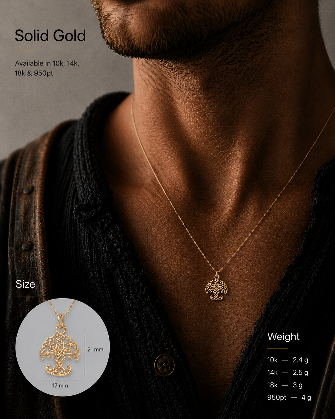 vkngjewelry Pendant Handcrafted Slim Yggdrasil Gold Pendant
