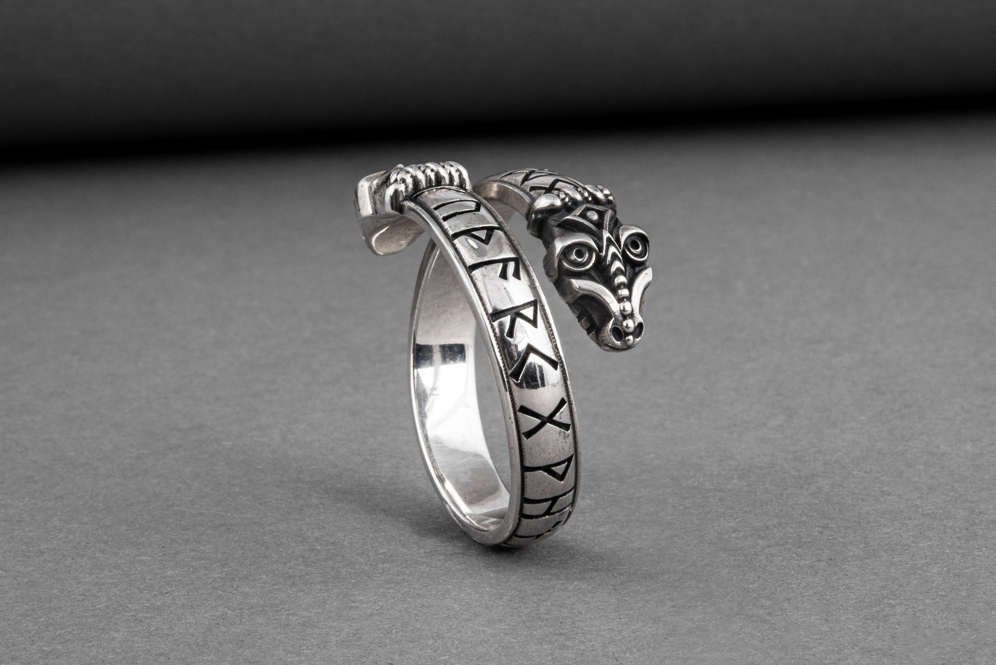 vkngjewelry Ring Handcrafted Snake Elder Futhark Runes Sterling Silver Ring