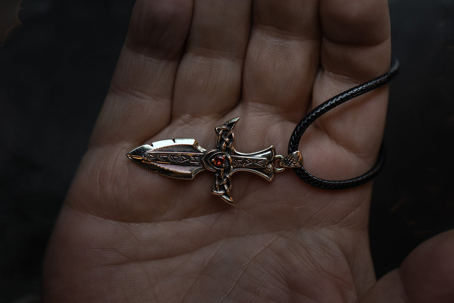 vkngjewelry Pendant Solid Brass Norse Sword Pendant Handcrafted Dagger Amulet with Cubic Zirconia