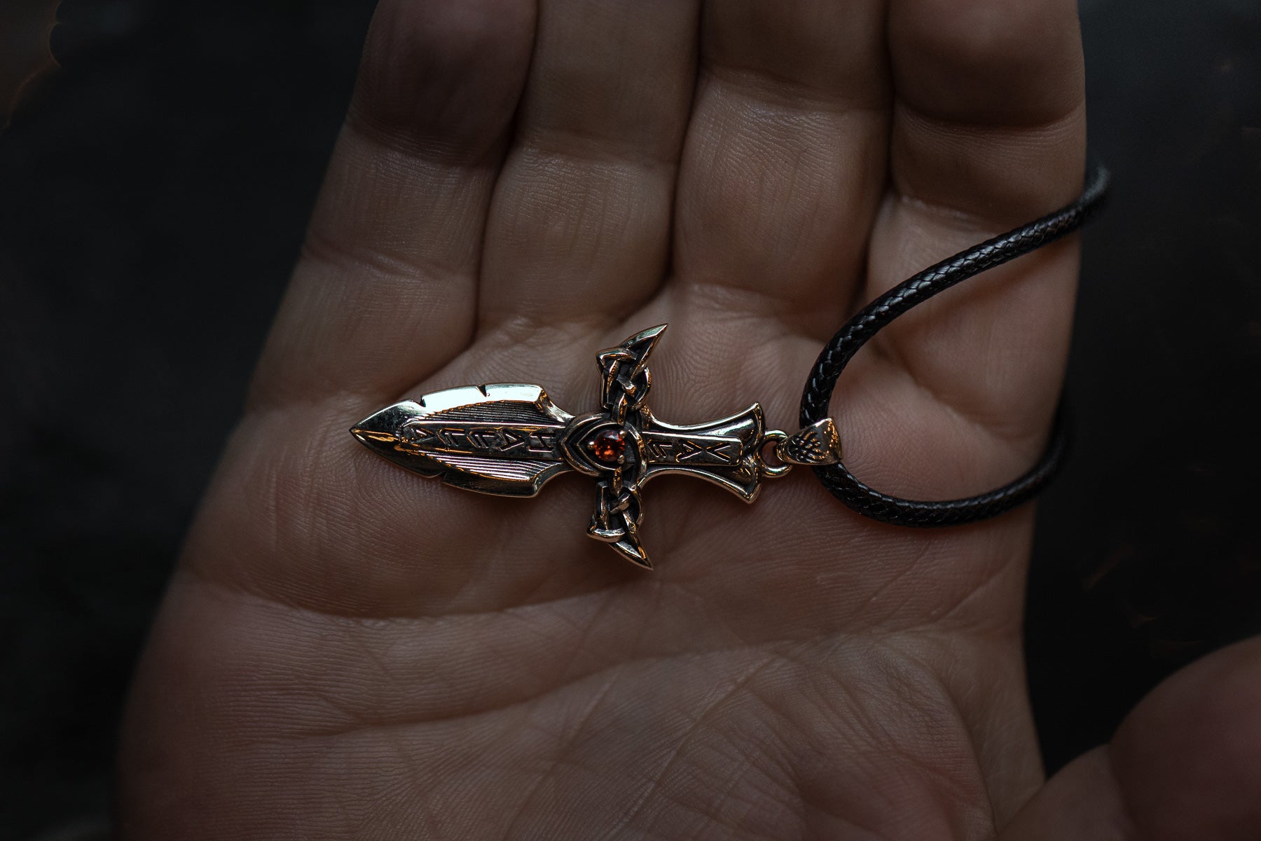 vkngjewelry Pendant Solid Brass Norse Sword Pendant Handcrafted Dagger Amulet with Cubic Zirconia