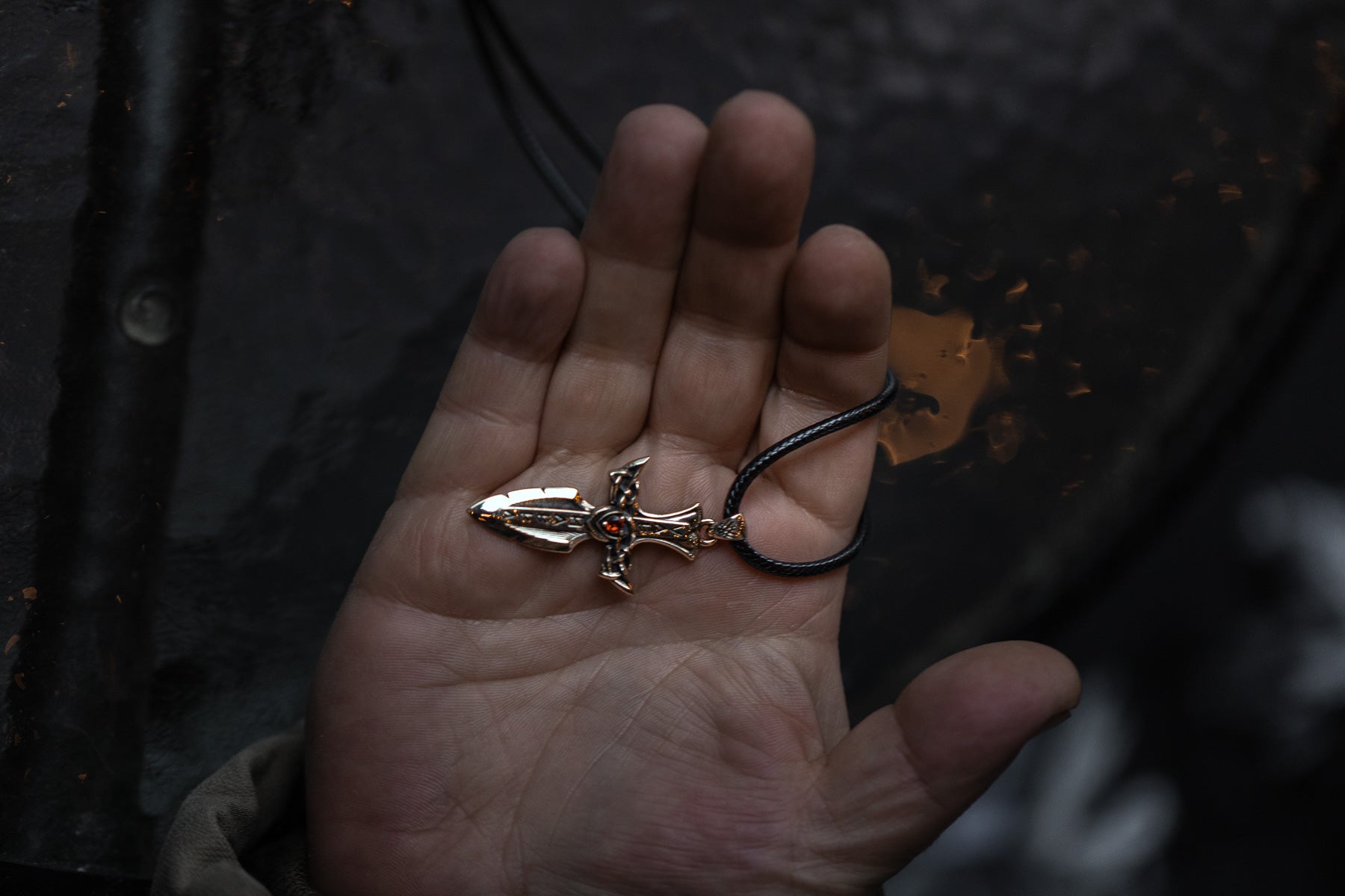 vkngjewelry Pendant Solid Brass Norse Sword Pendant Handcrafted Dagger Amulet with Cubic Zirconia