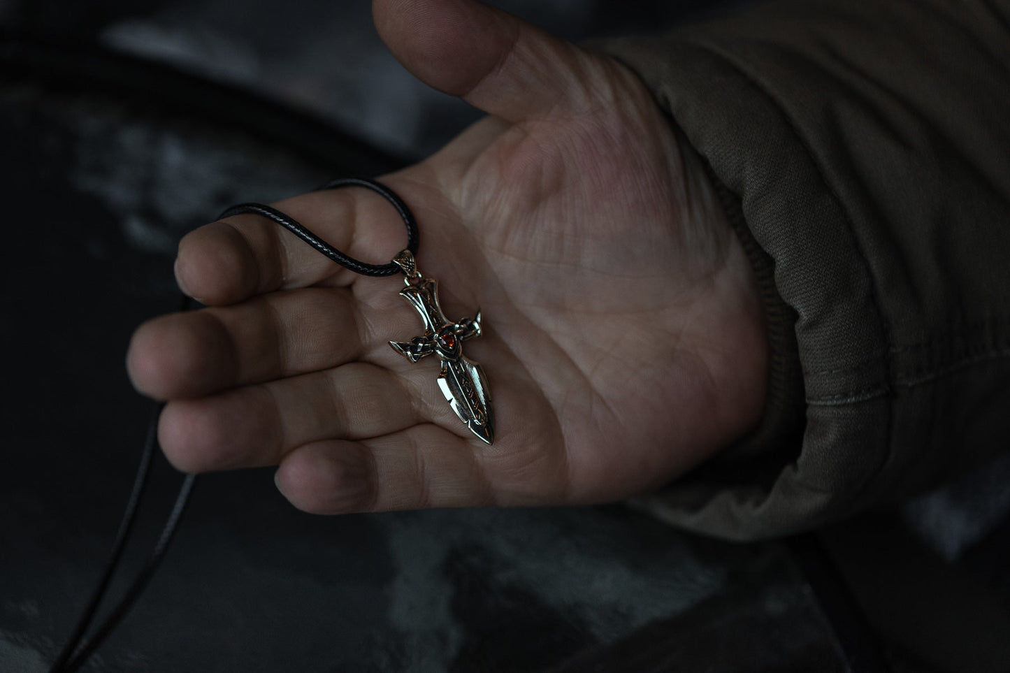 vkngjewelry Pendant Solid Brass Norse Sword Pendant Handcrafted Dagger Amulet with Cubic Zirconia