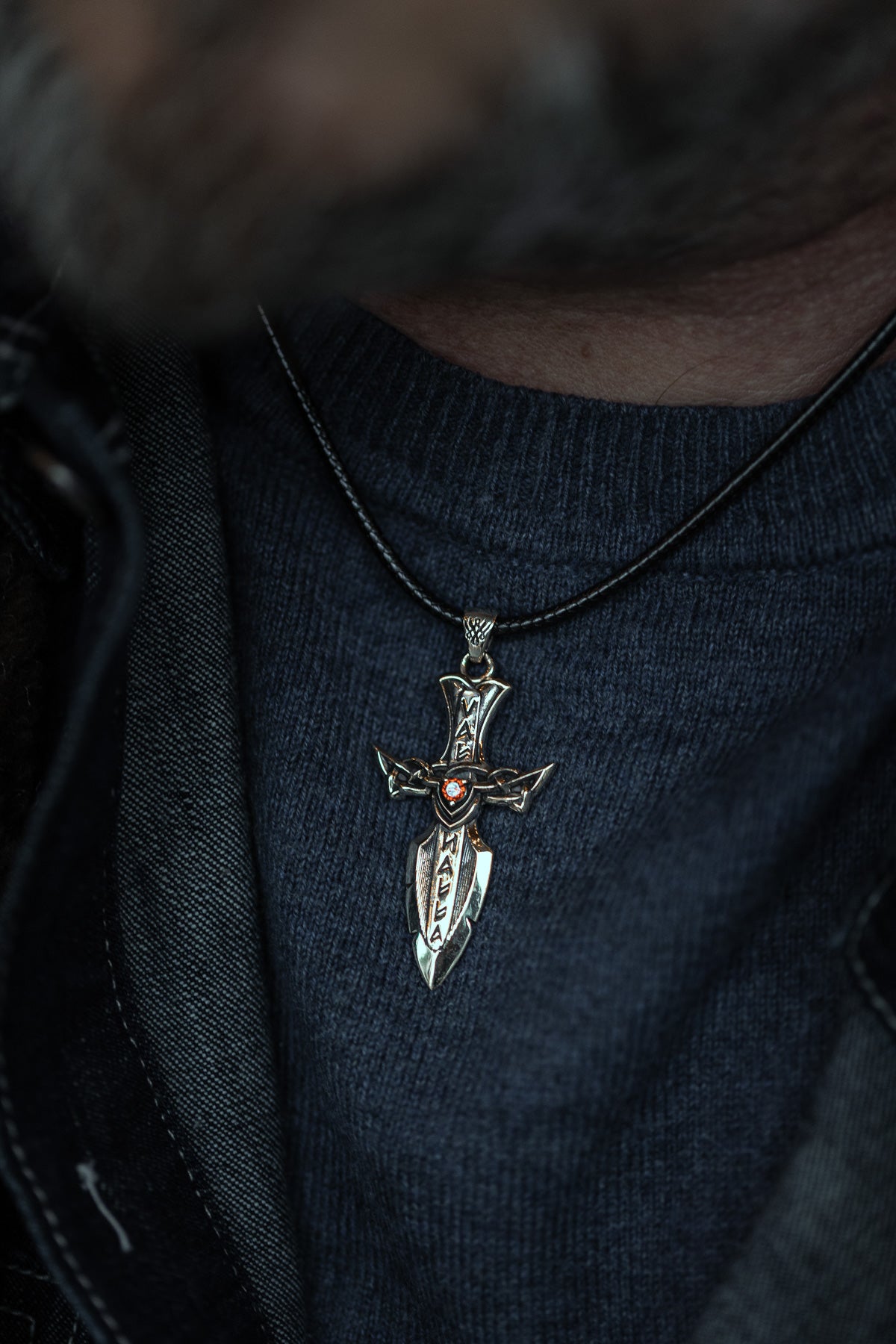 vkngjewelry Pendant Solid Brass Norse Sword Pendant Handcrafted Dagger Amulet with Cubic Zirconia