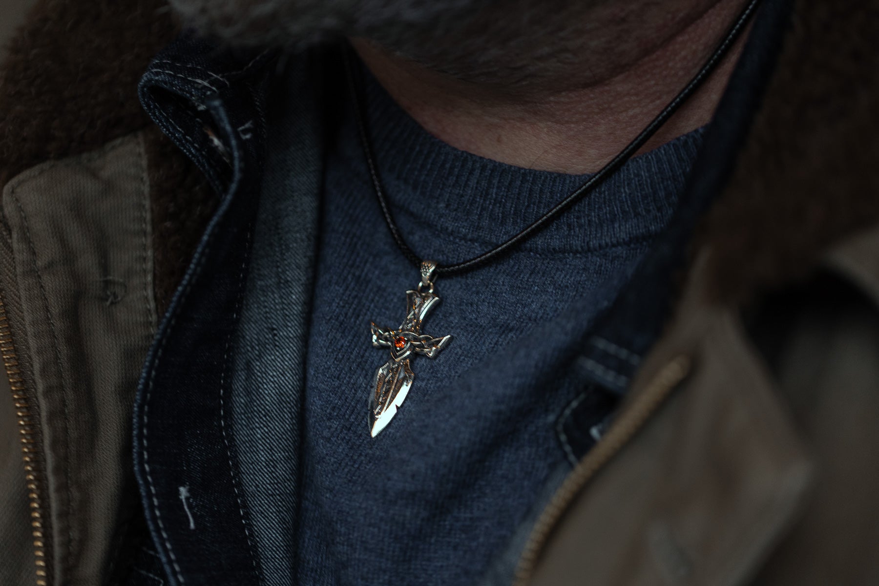 vkngjewelry Pendant Solid Brass Norse Sword Pendant Handcrafted Dagger Amulet with Cubic Zirconia