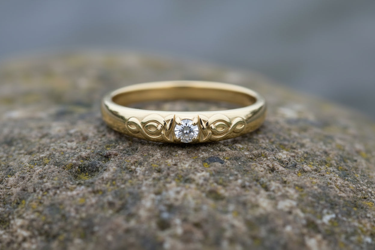 vkngjewelry Ring Solid Gold Celtic Wedding Ring with Diamond, Handmade Viking Ring