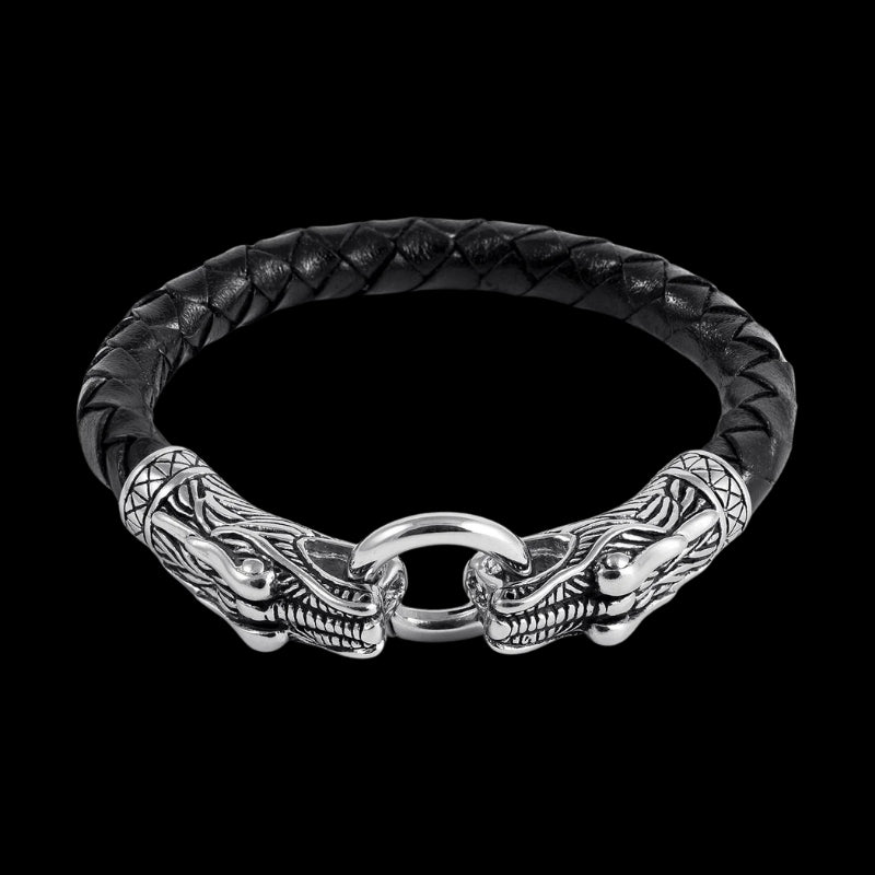 vkngjewelry Bracelet Stainless Steel Viking Jormungand With Braided Leather Bracelet