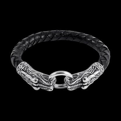 vkngjewelry Bracelet Stainless Steel Viking Jormungand With Braided Leather Bracelet
