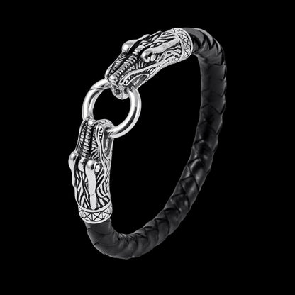 vkngjewelry Bracelet Stainless Steel Viking Jormungand With Braided Leather Bracelet