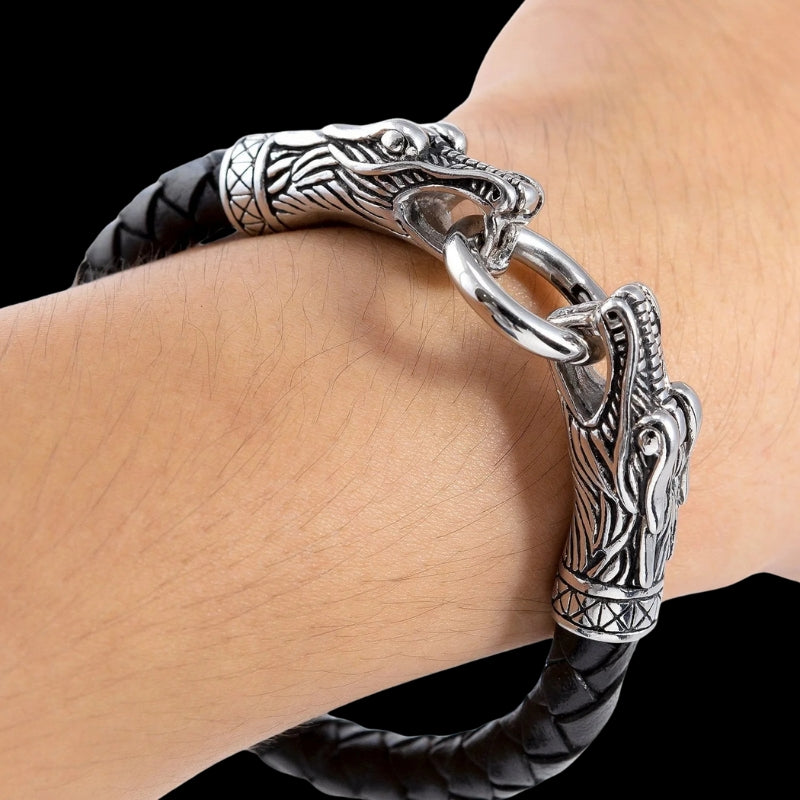 vkngjewelry Bracelet Stainless Steel Viking Jormungand With Braided Leather Bracelet