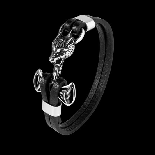 vkngjewelry Bracelet Stainless Steel Viking Mjolnir Black Leather Bracelet With Wolf