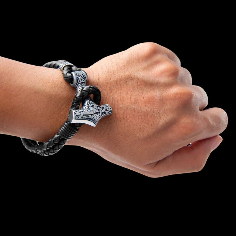 vkngjewelry Bracelet Stainless Steel Viking Mjolnir With Leather Bracelet