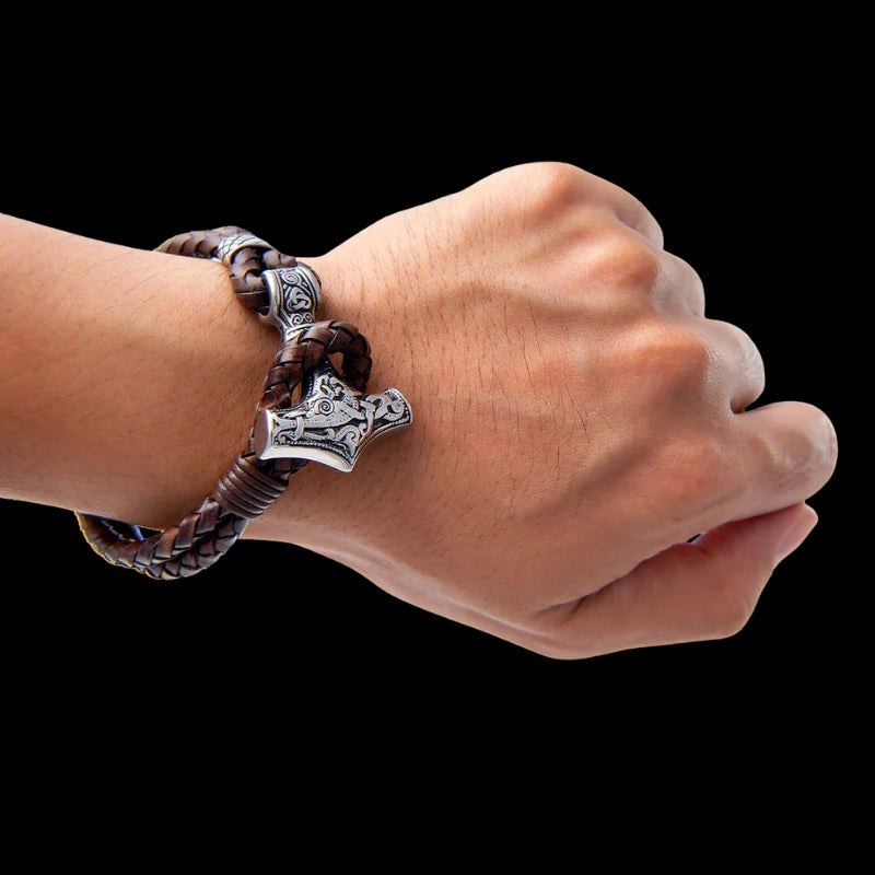 vkngjewelry Bracelet Stainless Steel Viking Mjolnir With Leather Bracelet
