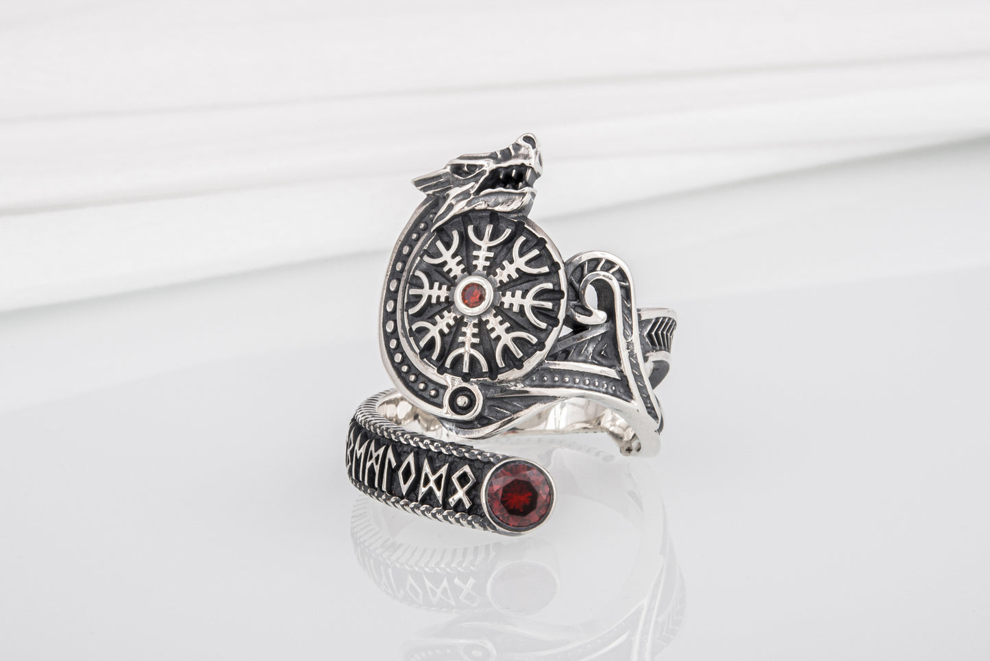 vkngjewelry Ring Sterling Silver Helm of Awe Wolf Ring Handmade Norse Jewelry