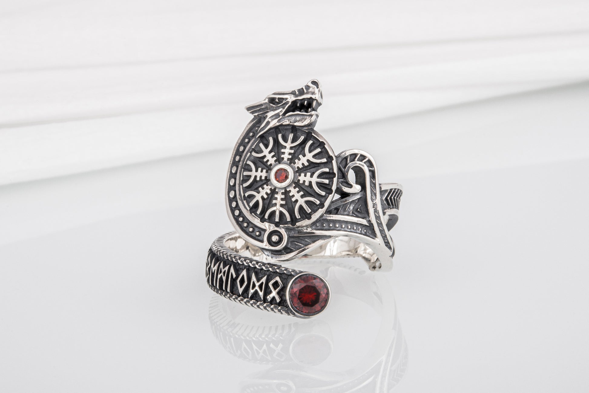 vkngjewelry Ring Sterling Silver Helm of Awe Wolf Ring Handmade Norse Jewelry