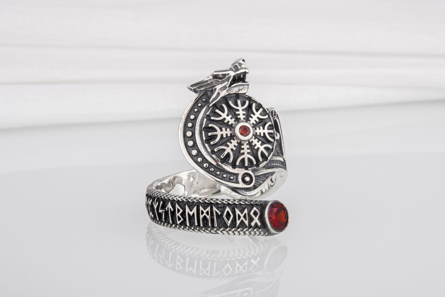 vkngjewelry Ring Sterling Silver Helm of Awe Wolf Ring Handmade Norse Jewelry
