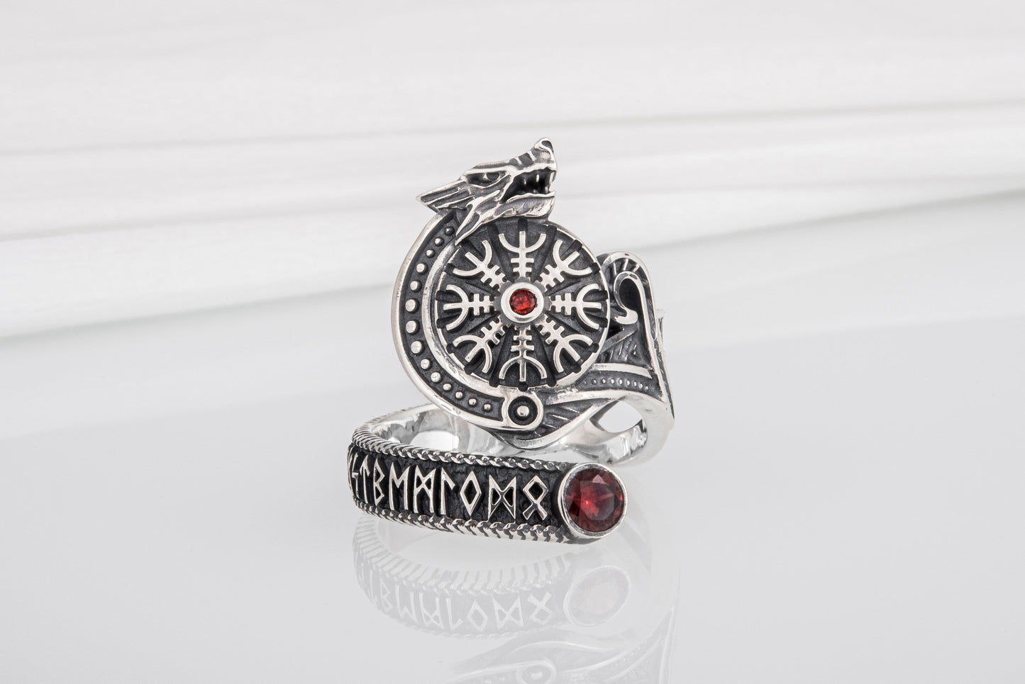 vkngjewelry Ring Sterling Silver Helm of Awe Wolf Ring Handmade Norse Jewelry