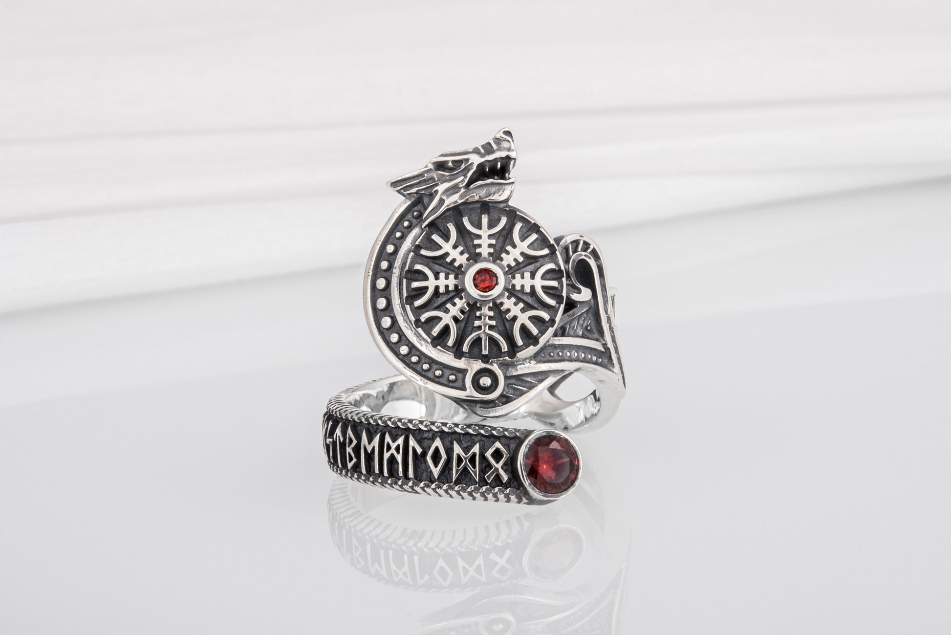 vkngjewelry Ring Sterling Silver Helm of Awe Wolf Ring Handmade Norse Jewelry