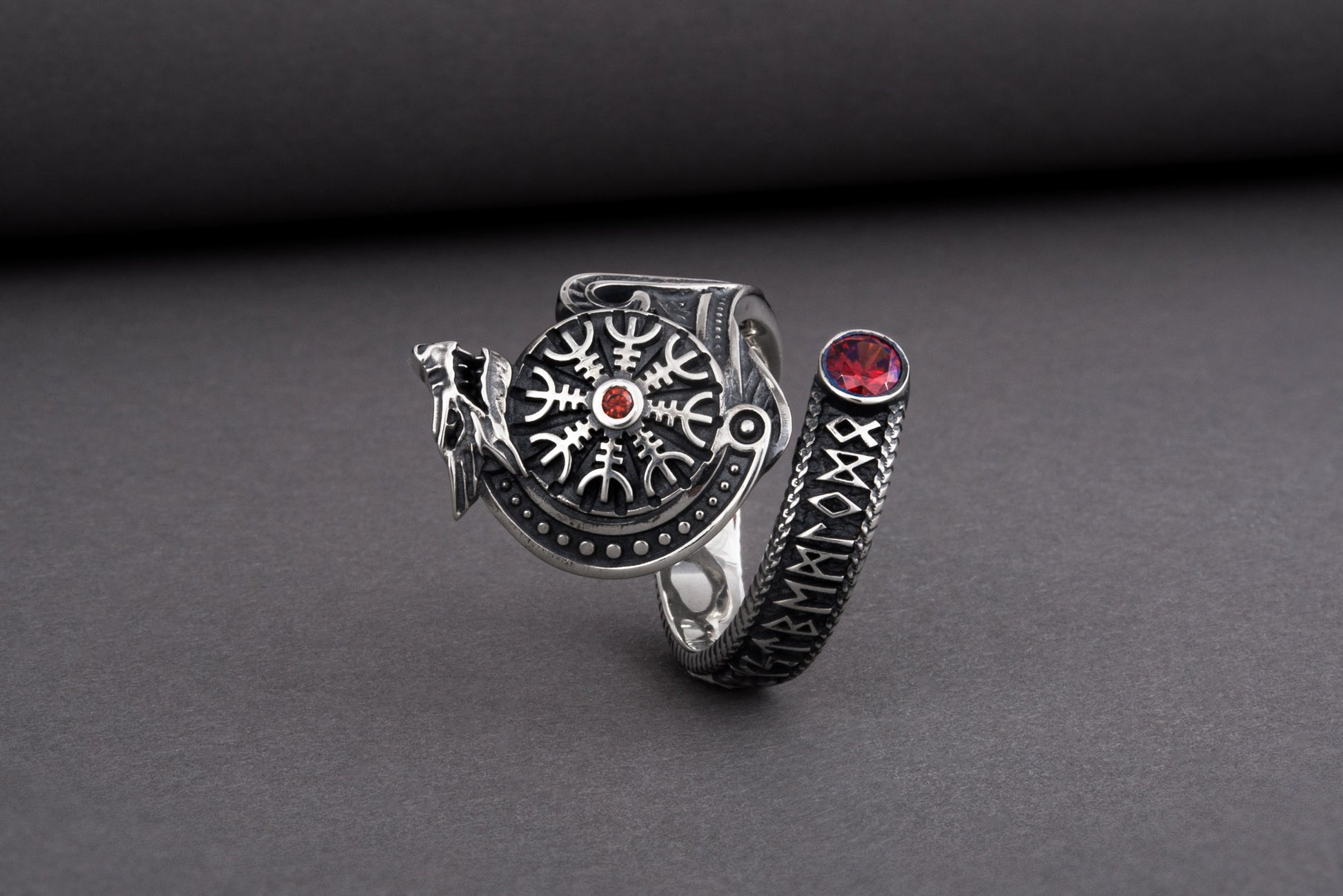 vkngjewelry Ring Sterling Silver Helm of Awe Wolf Ring Handmade Norse Jewelry
