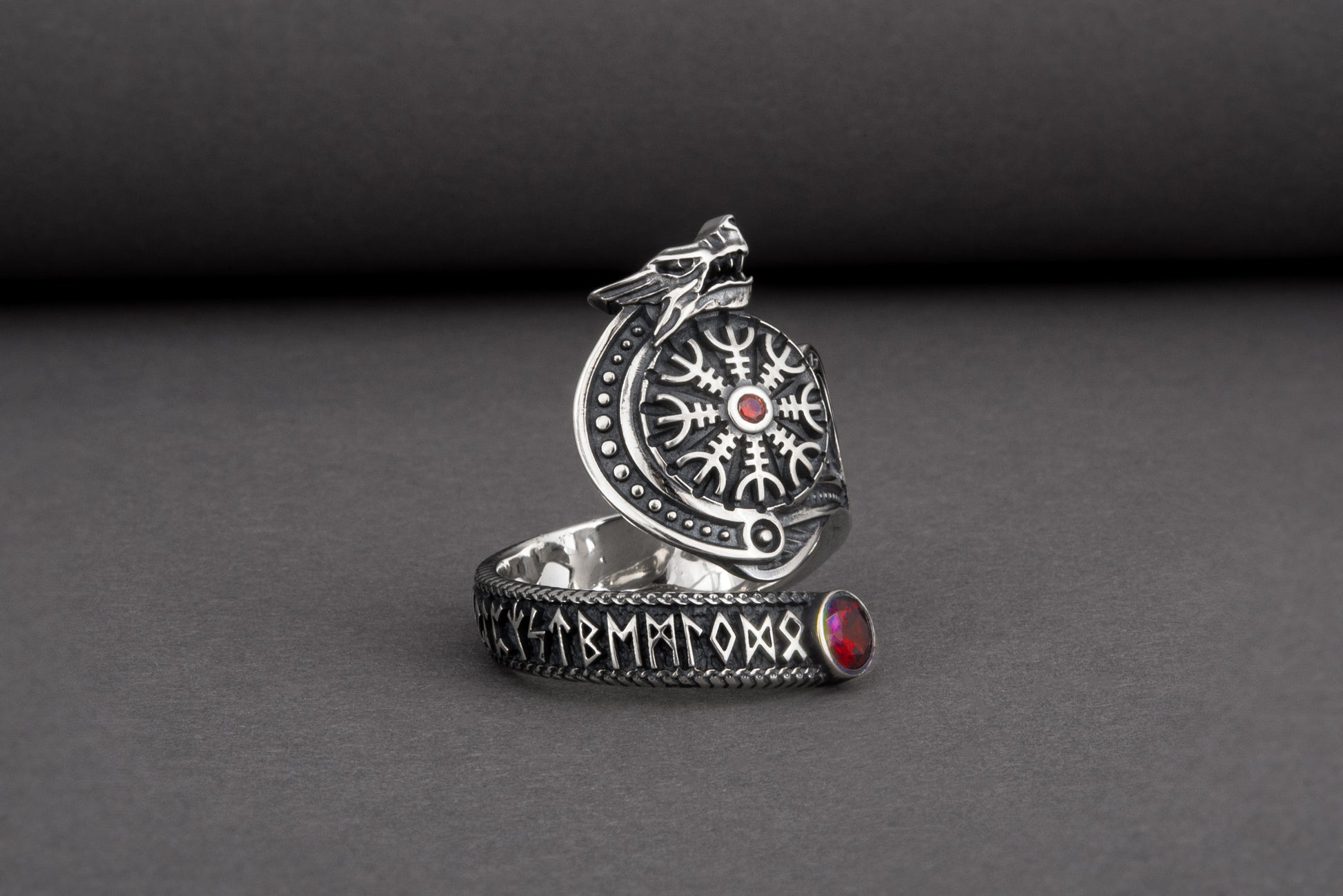vkngjewelry Ring Sterling Silver Helm of Awe Wolf Ring Handmade Norse Jewelry