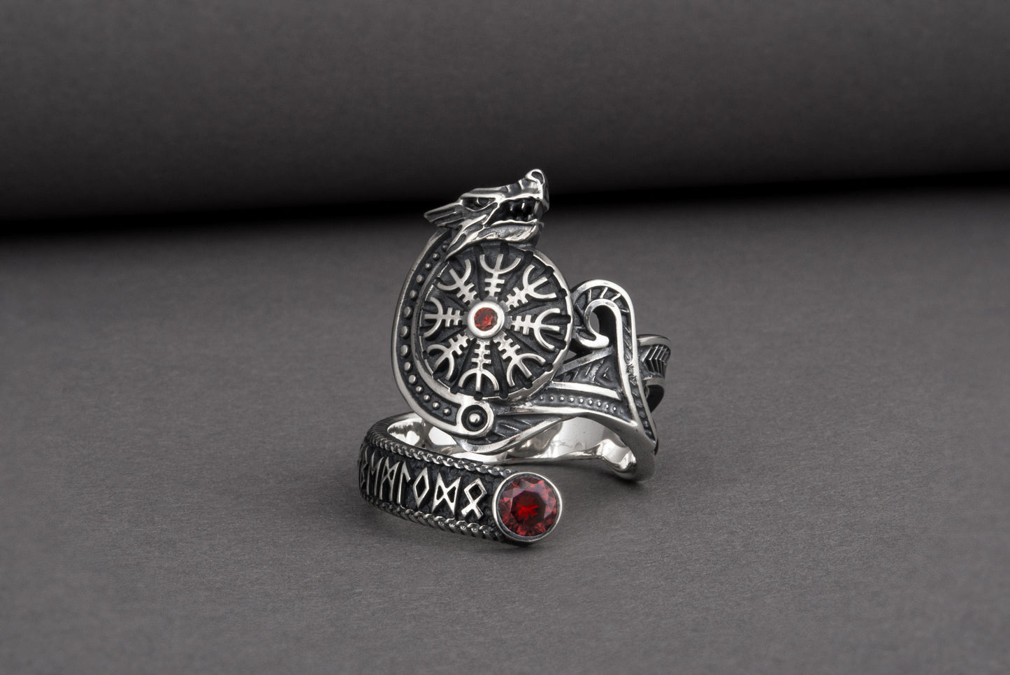 vkngjewelry Ring Sterling Silver Helm of Awe Wolf Ring Handmade Norse Jewelry