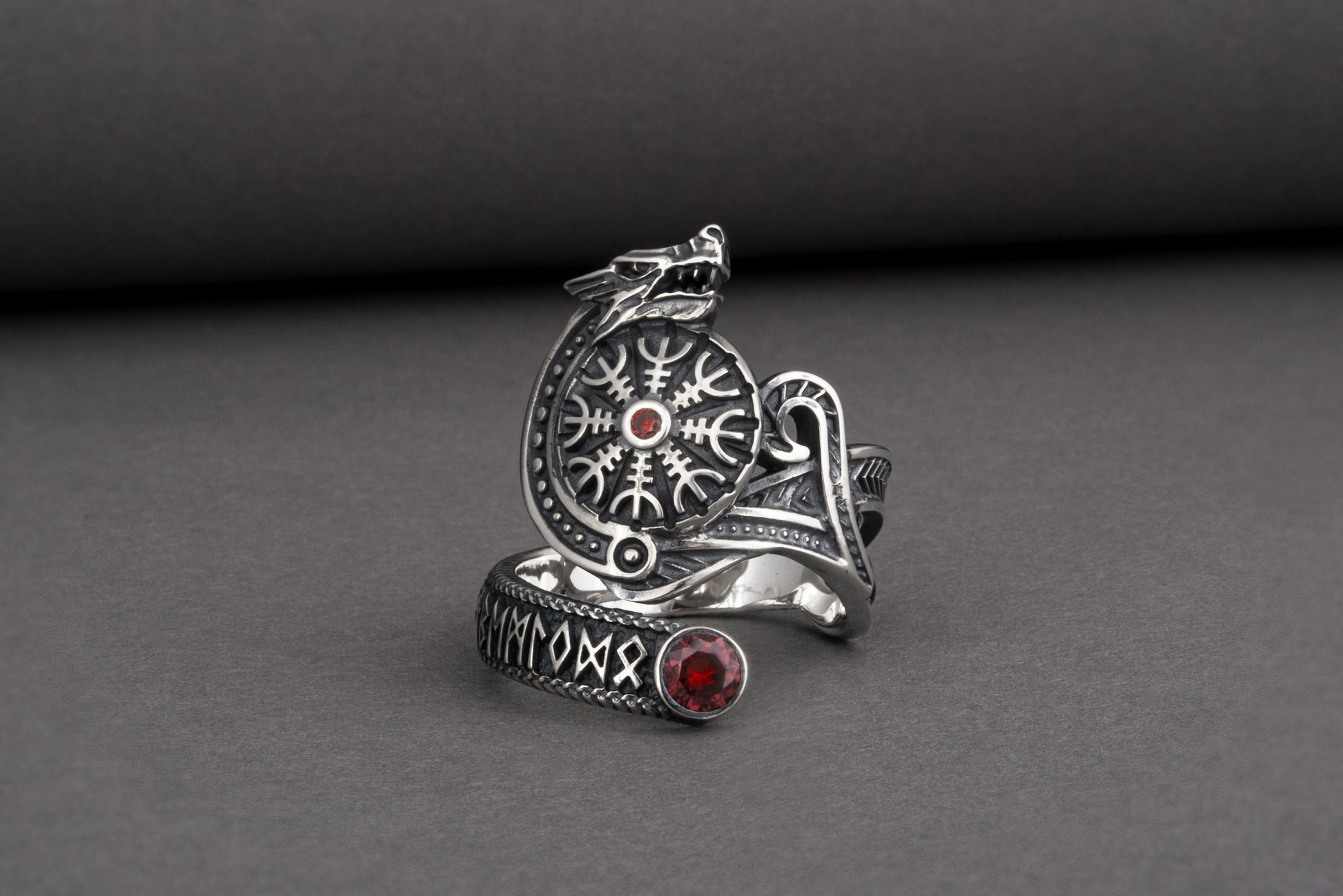 vkngjewelry Ring Sterling Silver Helm of Awe Wolf Ring Handmade Norse Jewelry