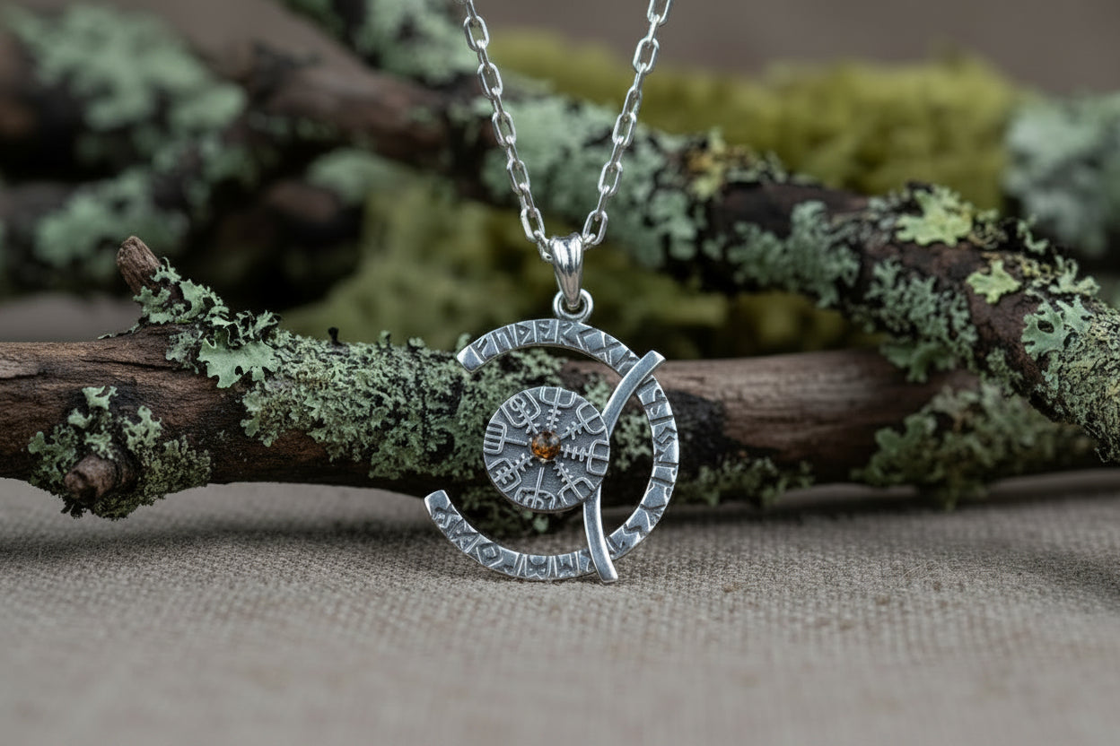 vkngjewelry Pendant Sterling Silver Rune Crescent Pendant Brown CZ Vegvisir Center