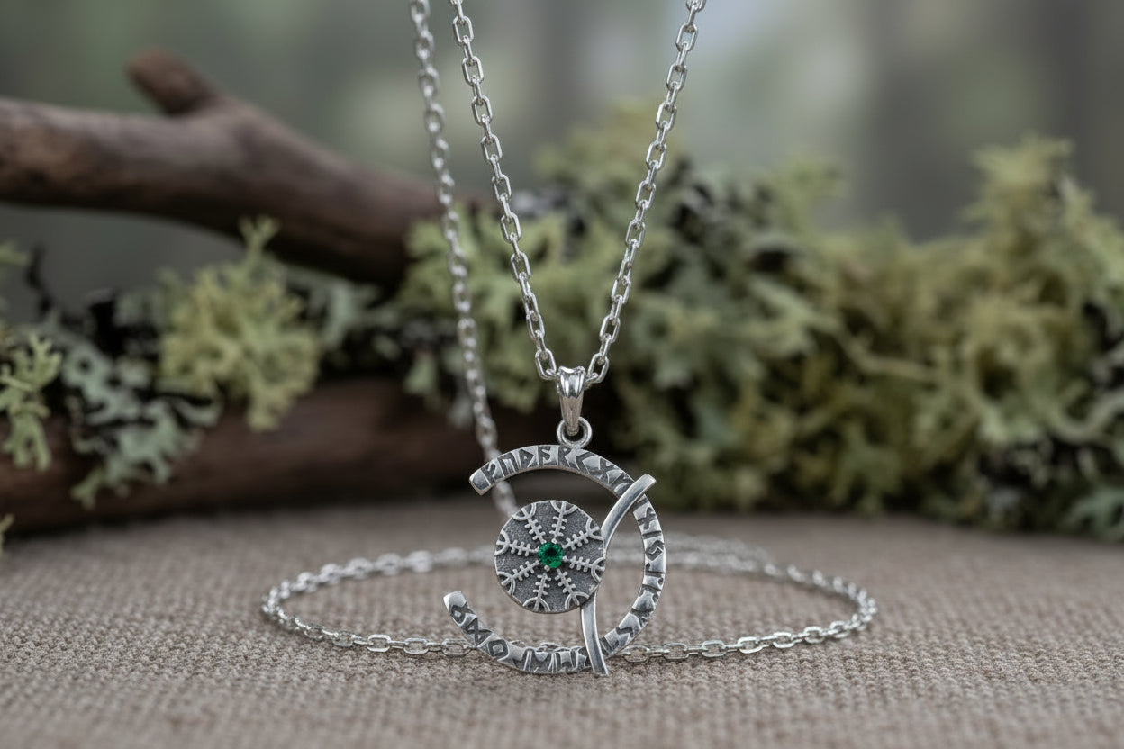 vkngjewelry Pendant Sterling Silver Rune Crescent Pendant Green CZ Aegishjalmur Center
