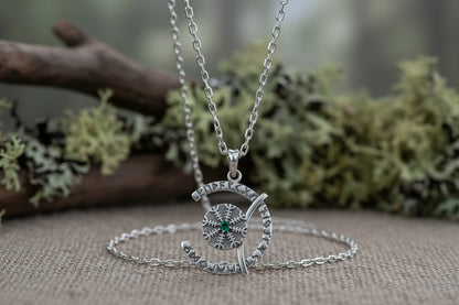 vkngjewelry Pendant Sterling Silver Rune Crescent Pendant Green CZ Aegishjalmur Center