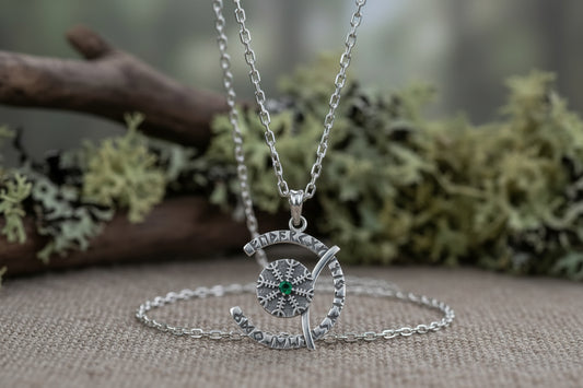 vkngjewelry Pendant Sterling Silver Rune Crescent Pendant Green CZ Aegishjalmur Center