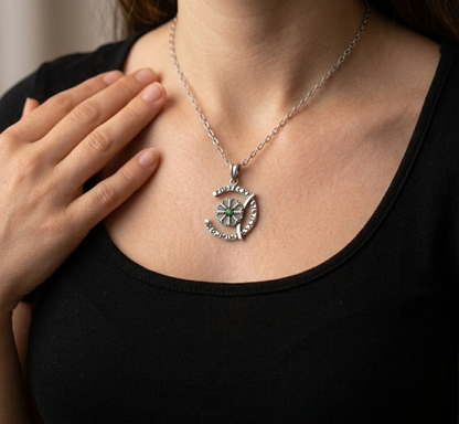 vkngjewelry Pendant Sterling Silver Rune Crescent Pendant Green CZ Aegishjalmur Center