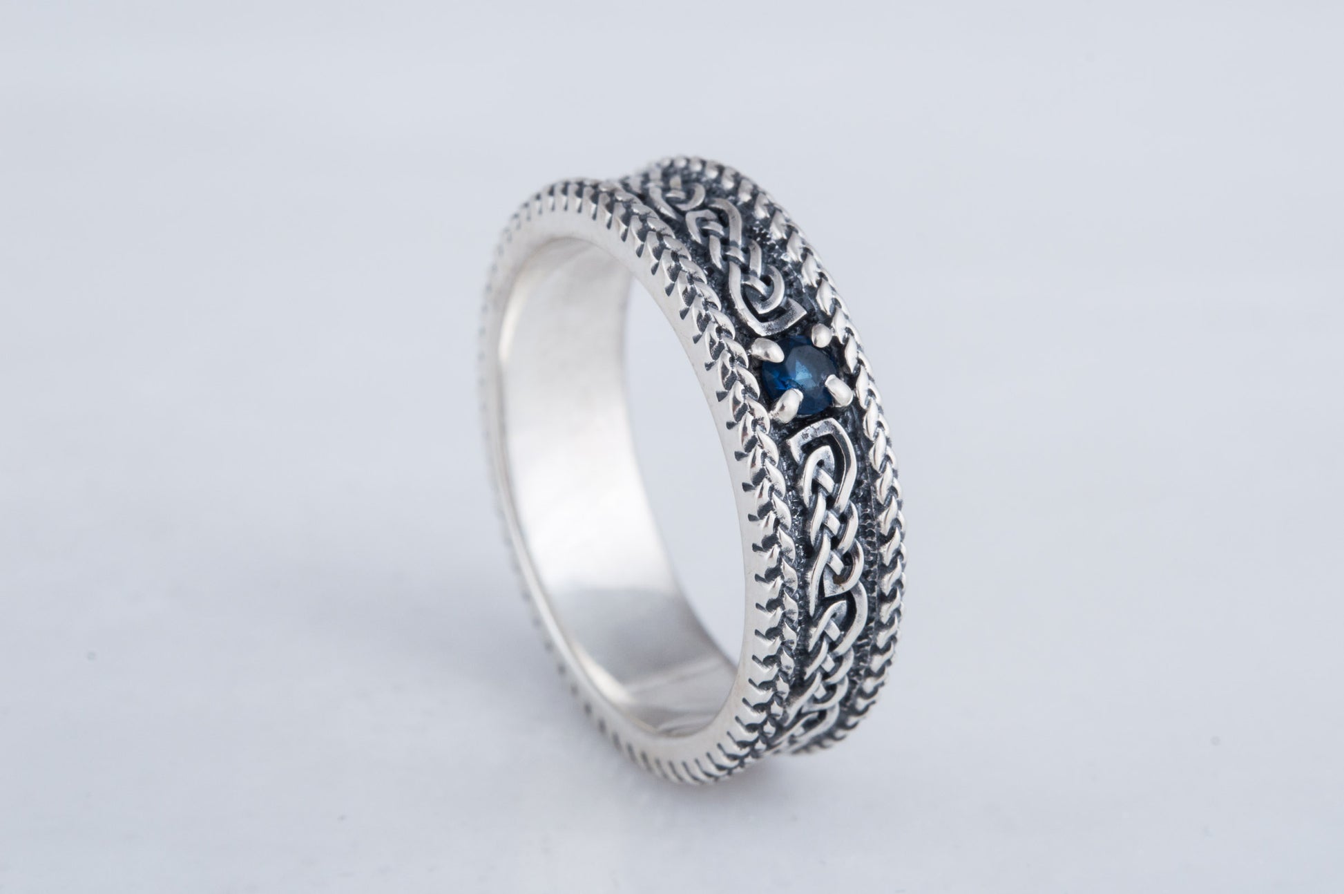 vkngjewelry Ring Sterling Silver Viking Ring with Ornament Handcrafted Gemstone Band