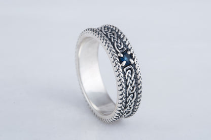vkngjewelry Ring Sterling Silver Viking Ring with Ornament Handcrafted Gemstone Band