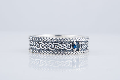 vkngjewelry Ring Sterling Silver Viking Ring with Ornament Handcrafted Gemstone Band