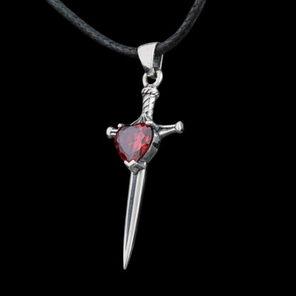 vkngjewelry Pendant Handcrafted Stiletto Sword Red Cubic Zirconia Silver Sterling Pendant