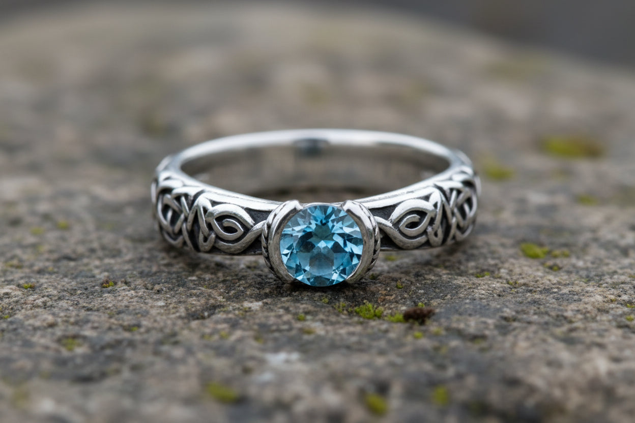 vkngjewelry Rings Swiss Blue Topaz Celtic Knot Ring, 925 Silver Wedding Jewelry