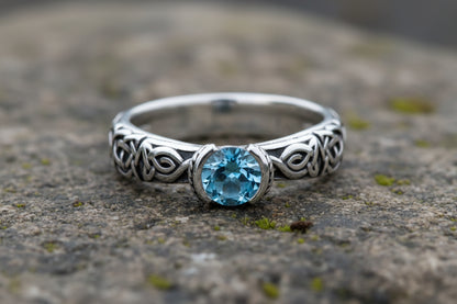 vkngjewelry Rings Swiss Blue Topaz Celtic Knot Ring, 925 Silver Wedding Jewelry