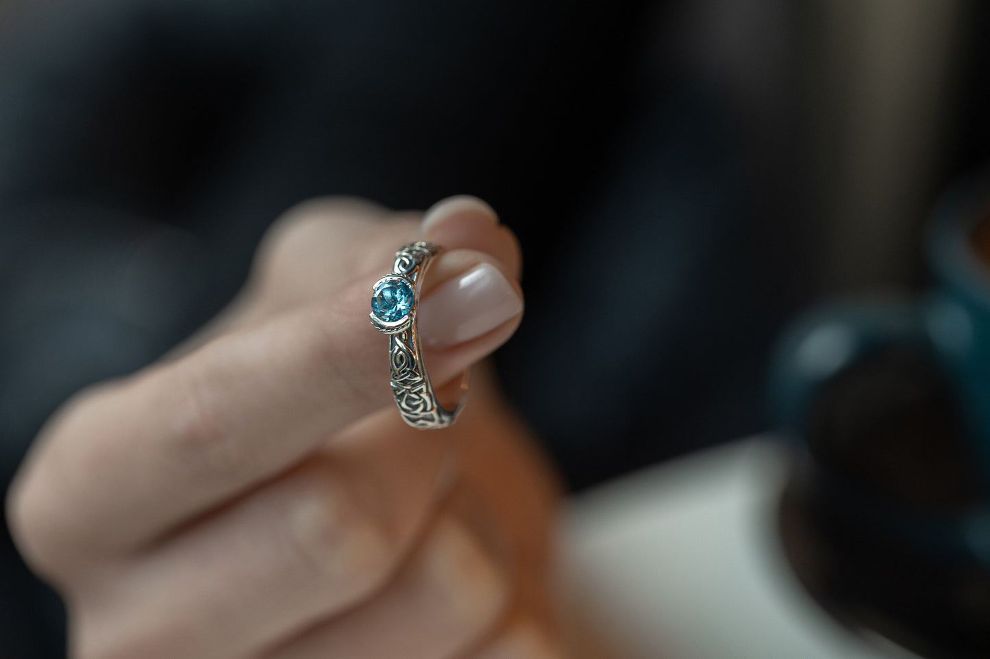 vkngjewelry Rings Swiss Blue Topaz Celtic Knot Ring, 925 Silver Wedding Jewelry