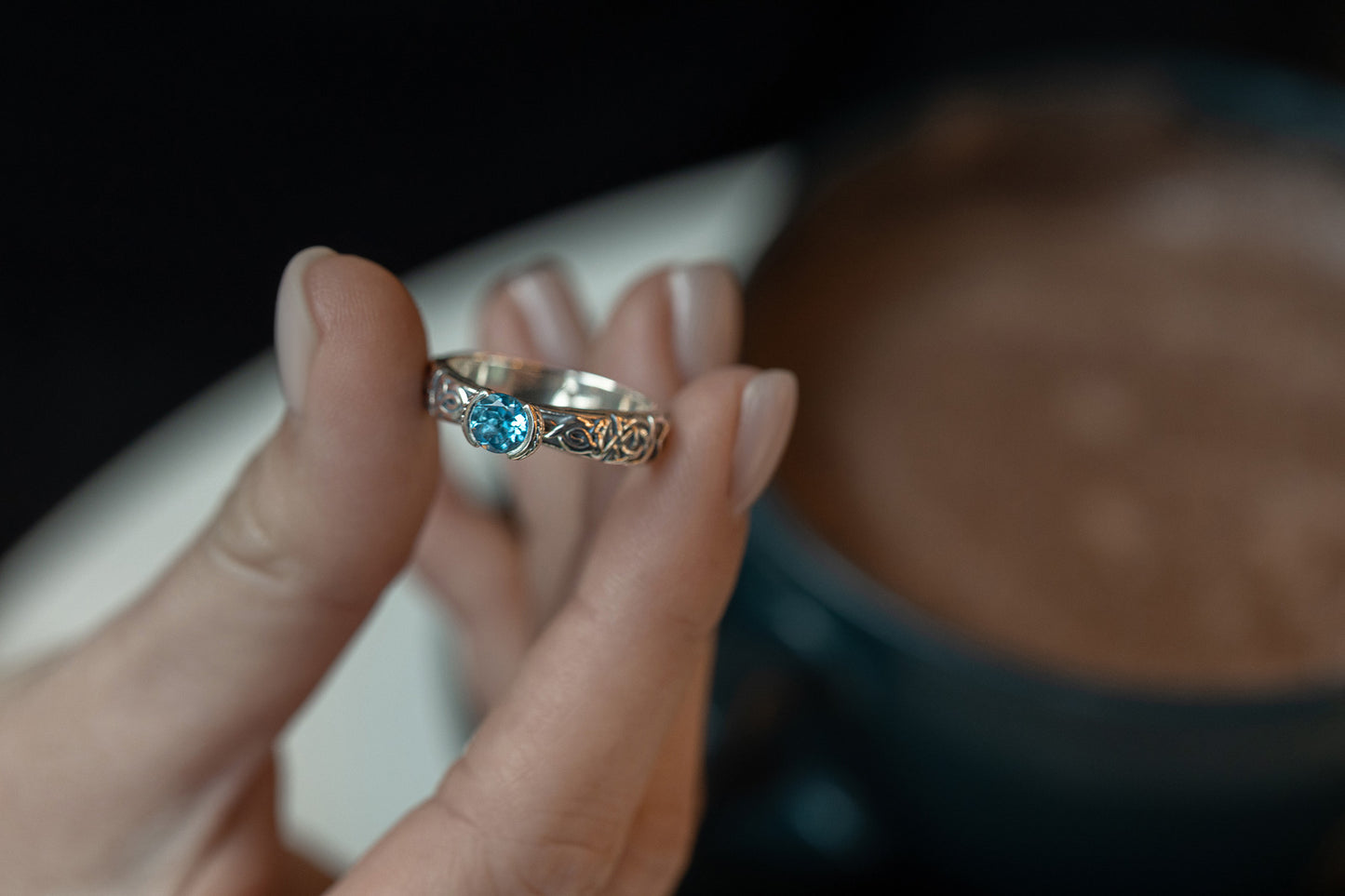 vkngjewelry Rings Swiss Blue Topaz Celtic Knot Ring, 925 Silver Wedding Jewelry