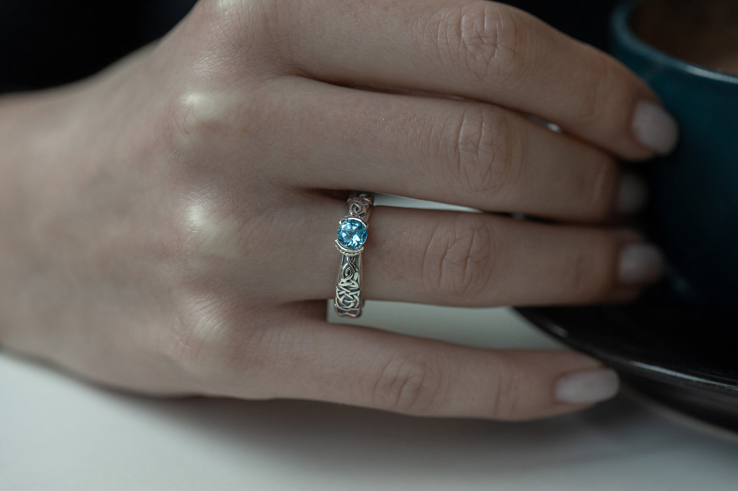 vkngjewelry Rings Swiss Blue Topaz Celtic Knot Ring, 925 Silver Wedding Jewelry