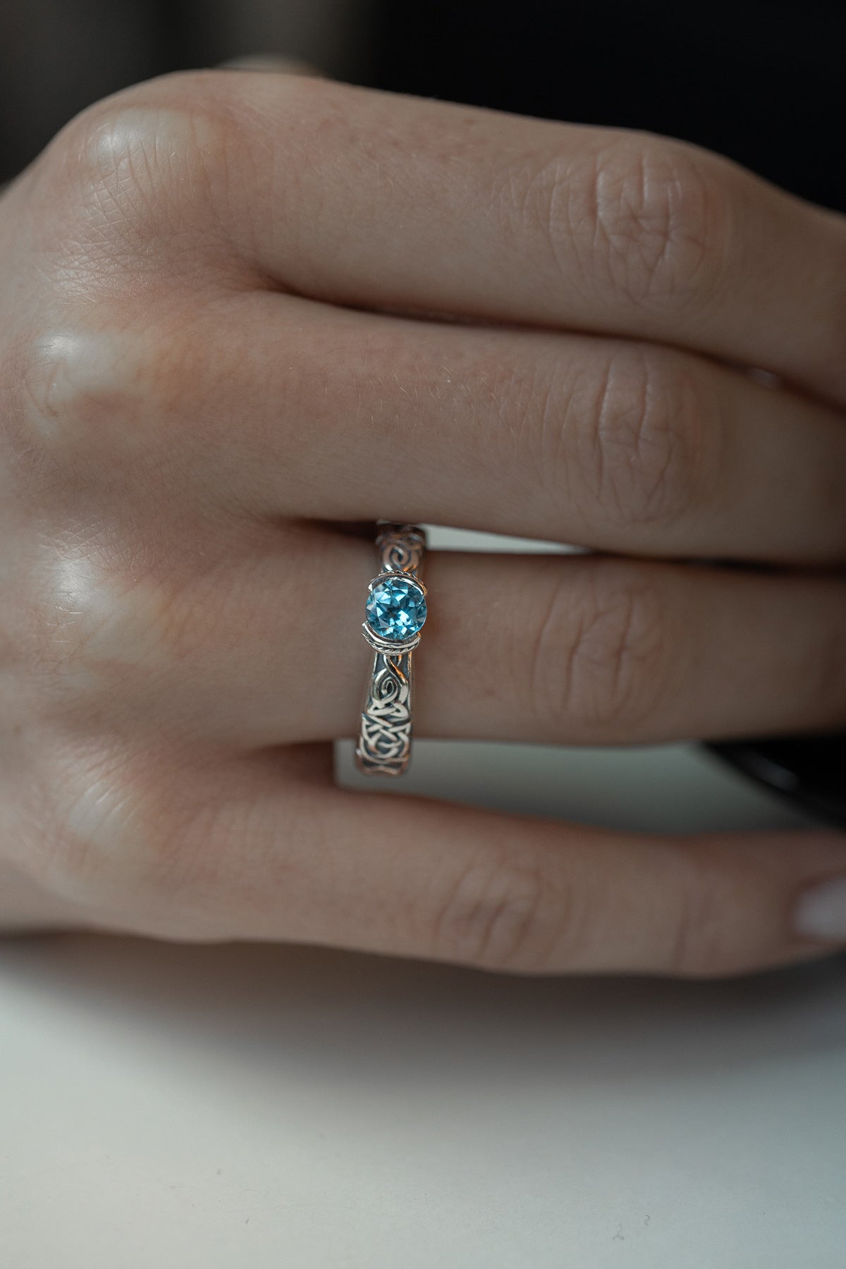 vkngjewelry Rings Swiss Blue Topaz Celtic Knot Ring, 925 Silver Wedding Jewelry