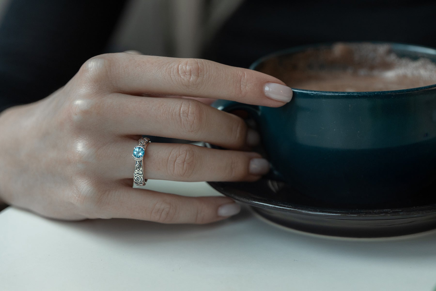 vkngjewelry Rings Swiss Blue Topaz Celtic Knot Ring, 925 Silver Wedding Jewelry