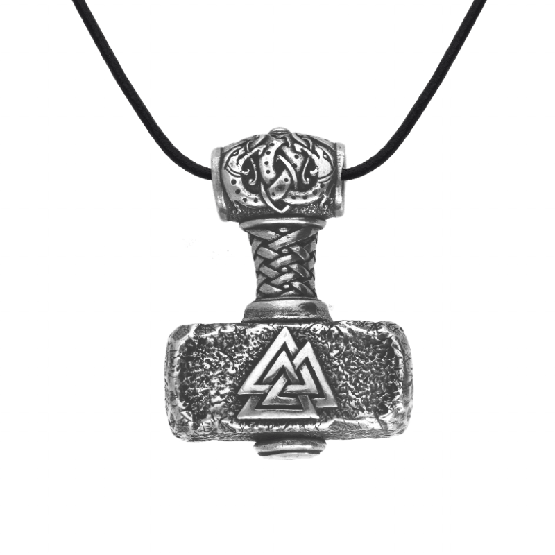 vkngjewelry Pendant The Huge Mjolnir Valknut Triquetra Thor's Sterling Silver Pendant + Braided Leather Cord